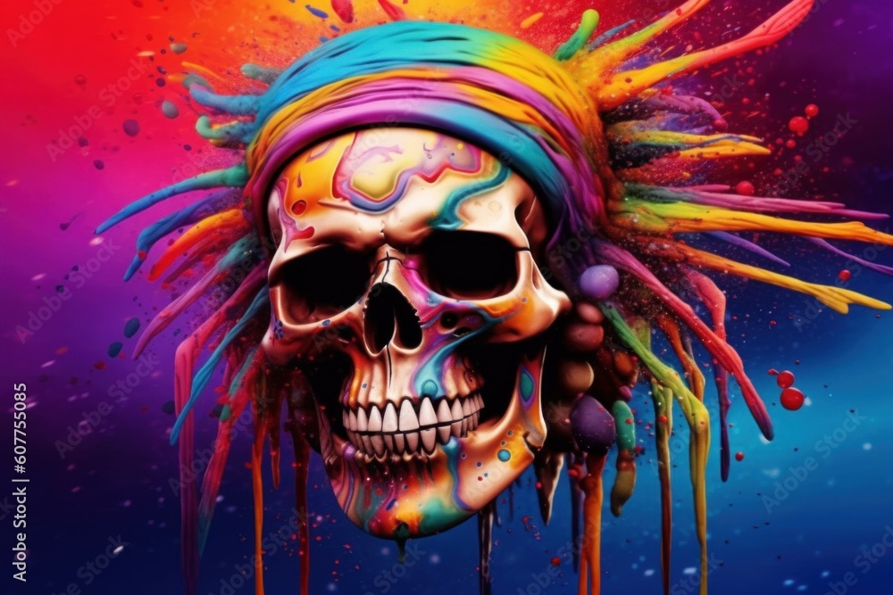 Poster A colorful skull with a mohawk on it's head. Generative AI image.