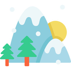 landscape with snow mountain and Christmas tree, sunrise, snow falling. icon, winter mountain