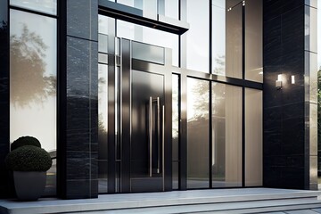 close-up of sophisticated, modern entrance with glass and metal elements, created with generative ai