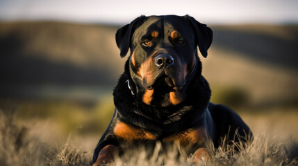 Rottweiler, its muscular form brilliantly contrasted against an open field. Its eyes, reflecting the warm sun, express an innate intelligence and loyalty, traits that make this breed a beloved compani - obrazy, fototapety, plakaty