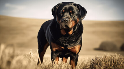 Rottweiler, its muscular form brilliantly contrasted against an open field. Its eyes, reflecting the warm sun, express an innate intelligence and loyalty, traits that make this breed a beloved compani