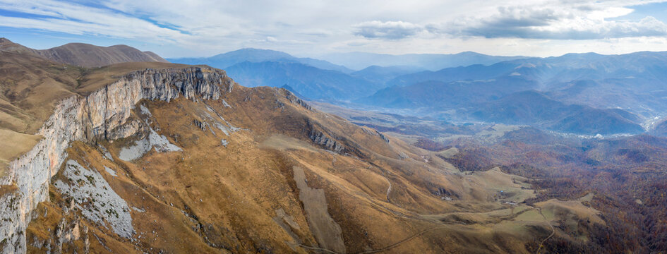 Panoramic drone view of Dimats cliff on cloudy autumn day. Dilijan National Park, Tavush Province, Armenia.