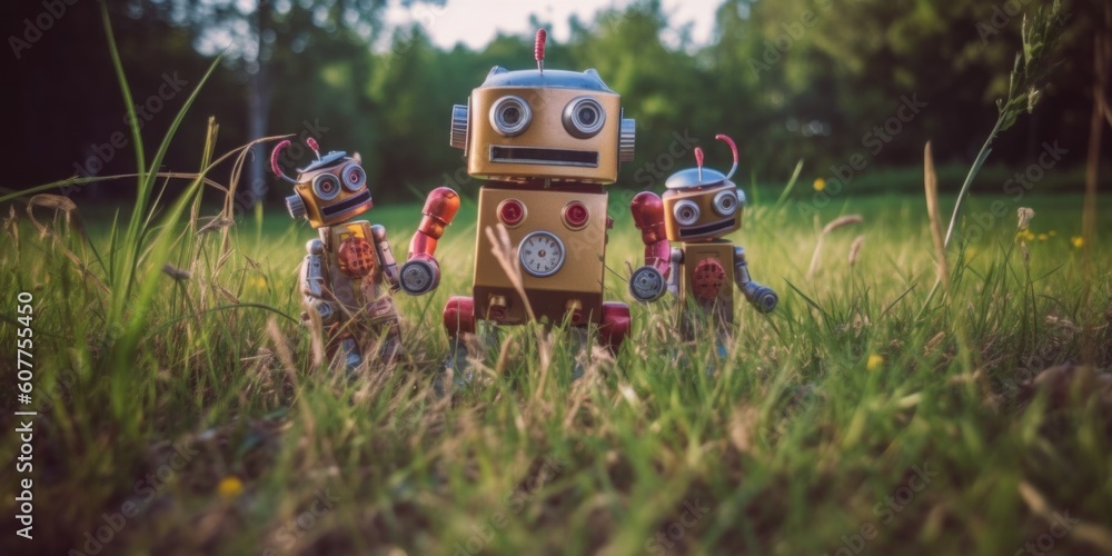 Poster a group of toy robots standing in a field. generative ai image.