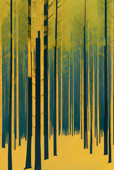 Sunny forest with golden 3D ink lines.