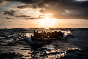 refugees in boat crossing evening sea to get to another country Generative AI