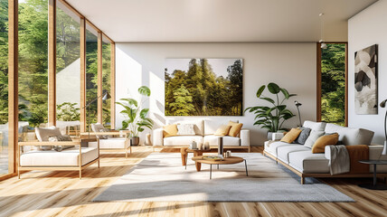 Fototapeta na wymiar big and bright interior of modern living room. Generative Ai