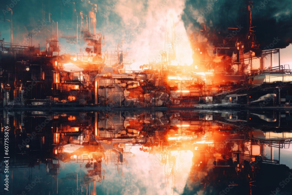 Poster a factory with smoke rising out of it. generative ai image.
