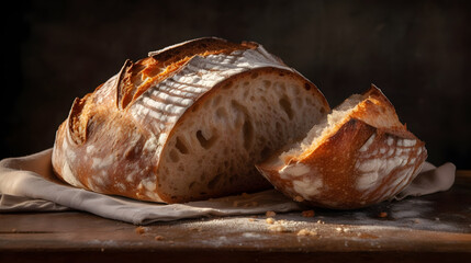 Freshly Baked Loaf on the Table Sourdough Golden Crust Delight The aroma of warm, freshly baked bread fills the air, enticing you to savor every moment 