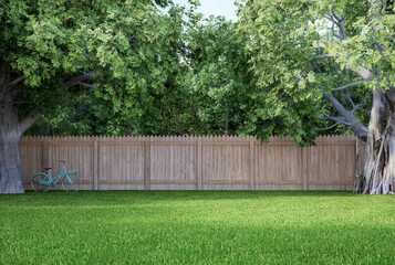 Fototapeta premium Green lawns with big trees look shady. There is a vintage bicycle parked under a tree. wooden fence behind Surrounded by nature background, 3d render illustration