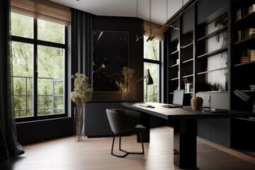 a sleek, minimalist home office with black accents and modern furniture, created with generative ai