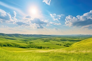 scenic landscape with view of rolling hills and a sunny sky, created with generative ai