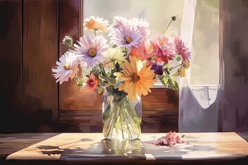 watercolor painting of pastel flowers in vase on wooden table, created with generative ai