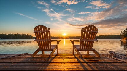 Two wooden chairs on a wood pier overlooking a lake at sunset in Finland. Generative Ai - obrazy, fototapety, plakaty