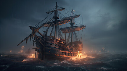 pirates ship in open sea, night scene with reflection , created using AI tools Generative AI