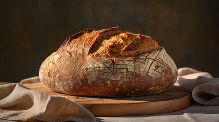 Freshly Baked Loaf on the Table Sourdough Golden Crust Delight The aroma of warm, freshly baked bread fills the air, enticing you to savor every moment 