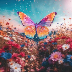 Obraz na płótnie Canvas A butterfly flying over a field of flowers. Generative AI image.