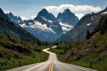 scenic highway with towering mountain range in the background, created with generative ai