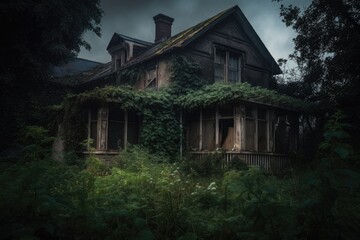 Fototapeta na wymiar abandoned and decrepit house, overgrown with foliage, on a dark and stormy night, created with generative ai