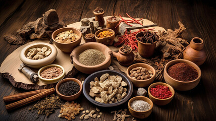 Obraz na płótnie Canvas Traditional chinese medicine with herb and spices in brown wooden background mortar and pestile , for medicine advertising. Generative Ai