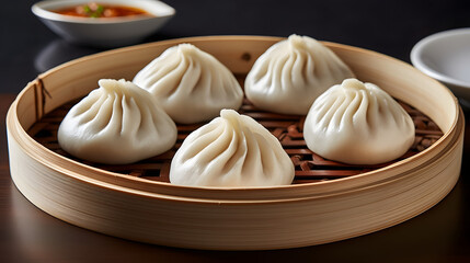 Chinese steamed dumplings in Rattan Basket Steaming Delights taste of authentic Chinese cuisine with our captivating stock photo showcasing steaming Chinese soup dumplings nestled in a charming rattan