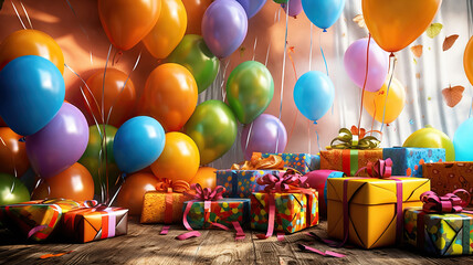Fototapeta na wymiar Birthday party decoration,balloon,streamers,hat and gift boxes. Generative Ai