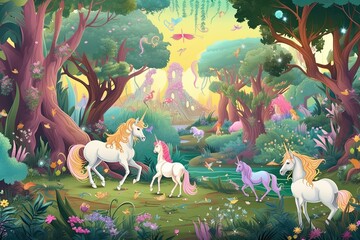 Naklejka premium Fairy tale forest with unicorns, ai generative,