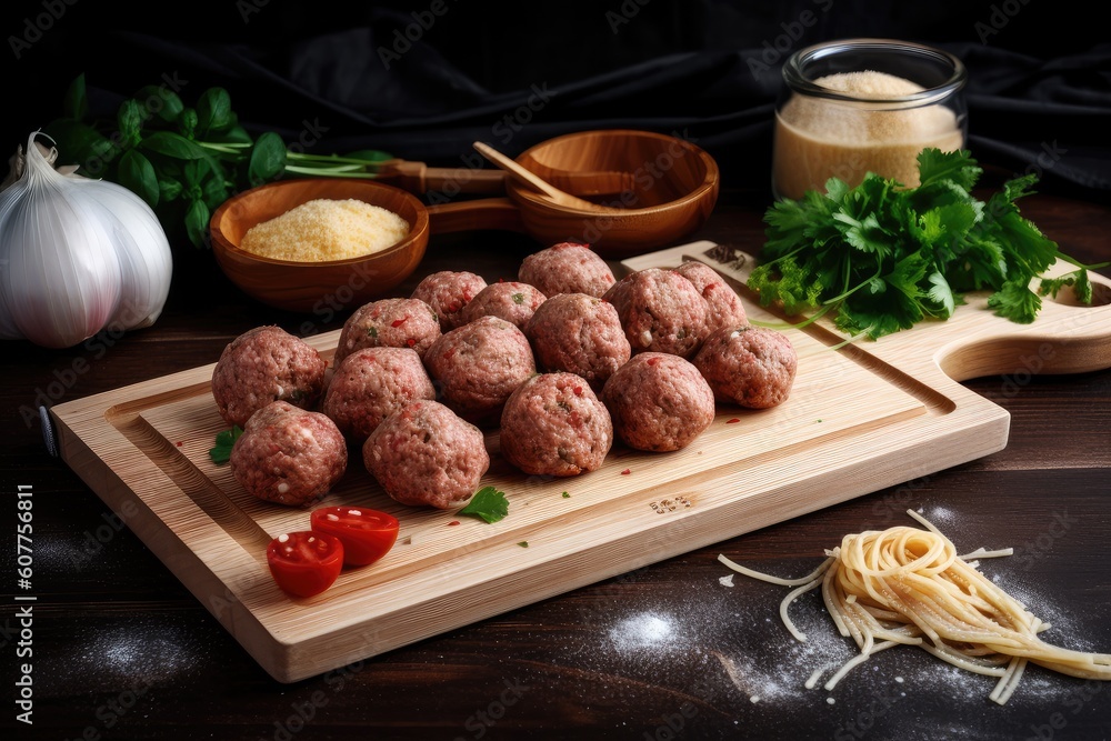 Wall mural spaghetti and meatballs on wooden board, ready to be cooked, created with generative ai