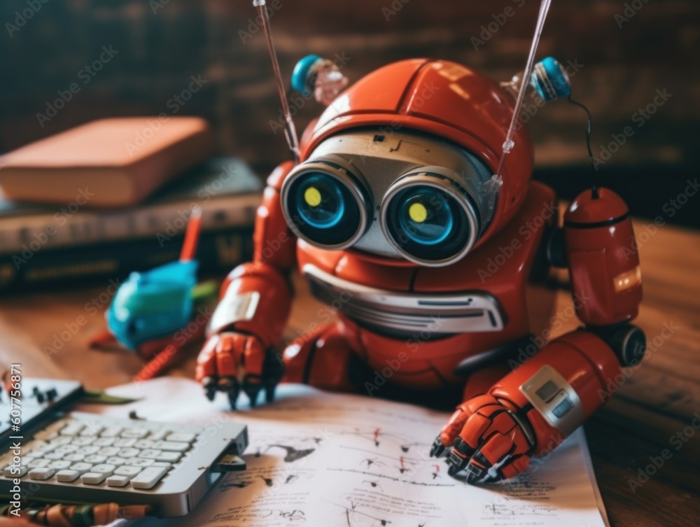 Aufkleber a red robot sitting on top of a desk next to a keyboard. generative ai image.