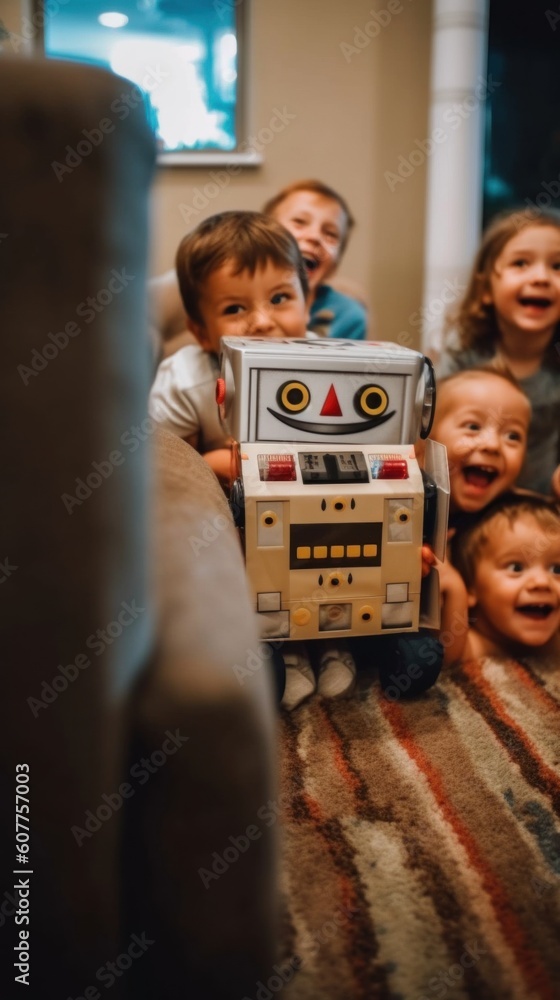 Poster a group of children playing with a toy robot. generative ai image.