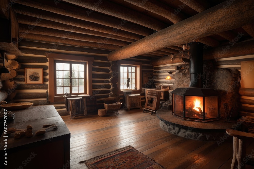 Sticker cozy cabin retreat with warm fireplace and stack of wooden logs for the perfect cozy getaway, created with generative ai