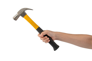 Hand with hammer on transparent background.