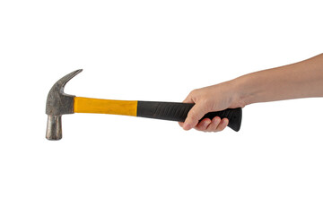 Hand with hammer on transparent background.