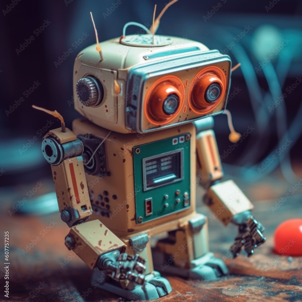 Poster a toy robot with a red ball in front of it. generative ai image.