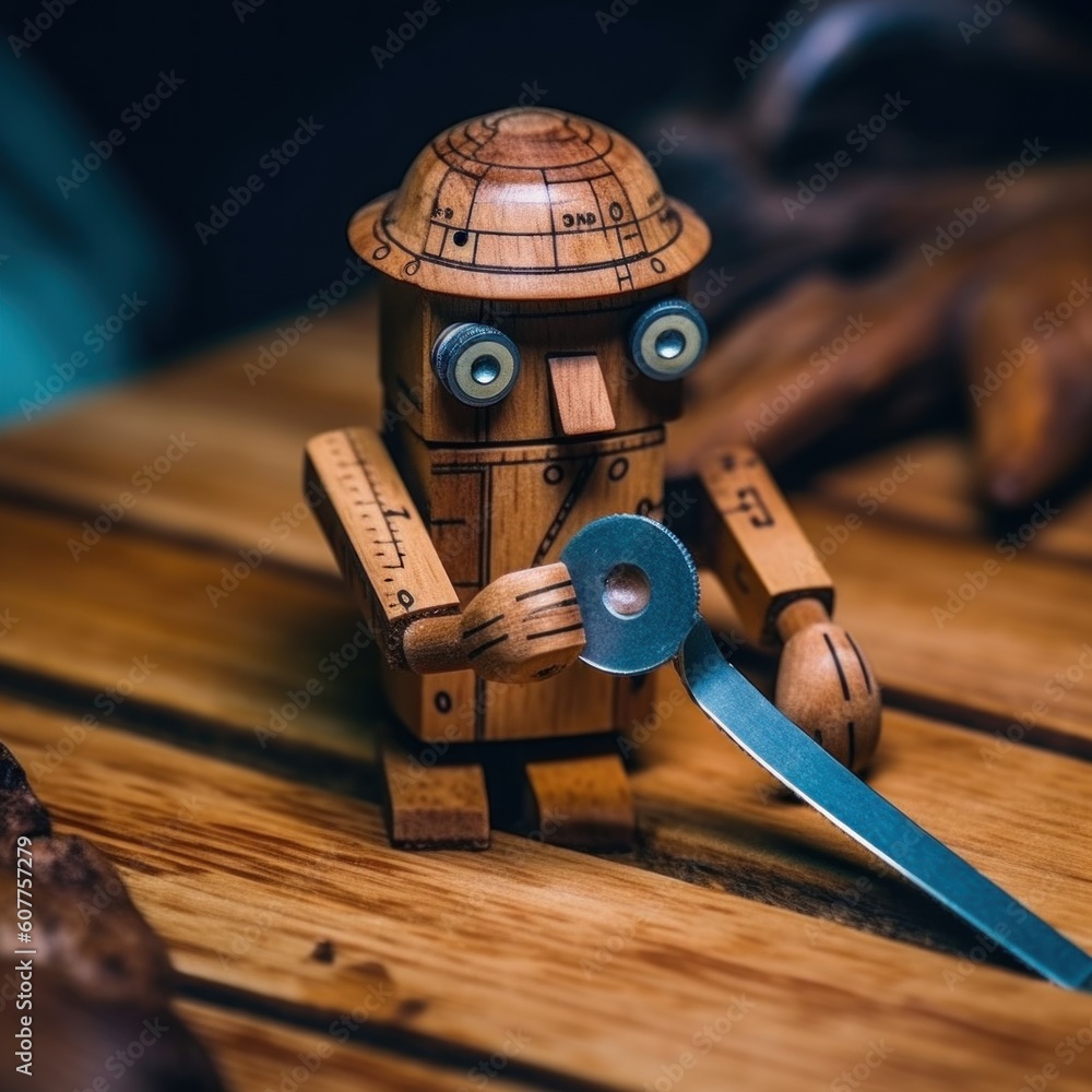 Poster a wooden robot holding a pair of scissors. generative ai image.