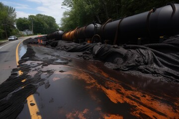 toxic sludge spilled from overturned tanker truck, polluting the roadside, created with generative ai - obrazy, fototapety, plakaty