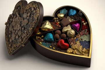 heart-shaped box overflowing with colorful and exotic truffles, created with generative ai