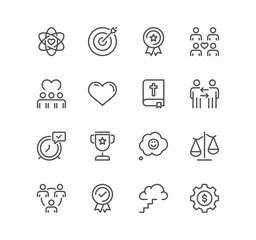 Set of core values related icons, diversity, exceptional, innovative, accountability, empathy, performance, process, progress, external business oriented values and linear variety vectors.
