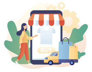 Online shopping store. Tiny woman place orders in smartphone app. Sale, product order and delivery of goods. Business marketing. Modern flat cartoon style. Vector illustration on white background
