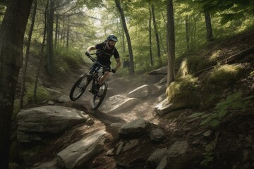 mountain biker riding down steep, rocky trail, created with generative ai