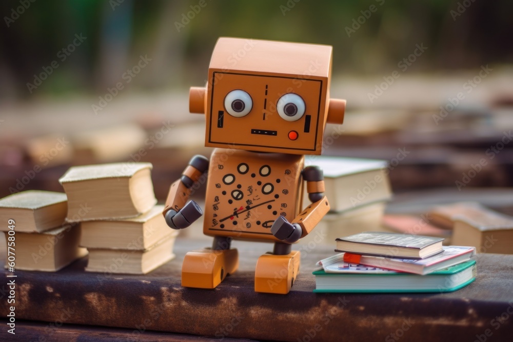 Poster a toy robot sitting on top of a pile of books. generative ai image.
