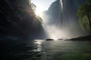 majestic waterfall, with mist rising up into the air and sunlight shining through, created with generative ai