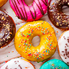 Different tasty donuts on a white background top view