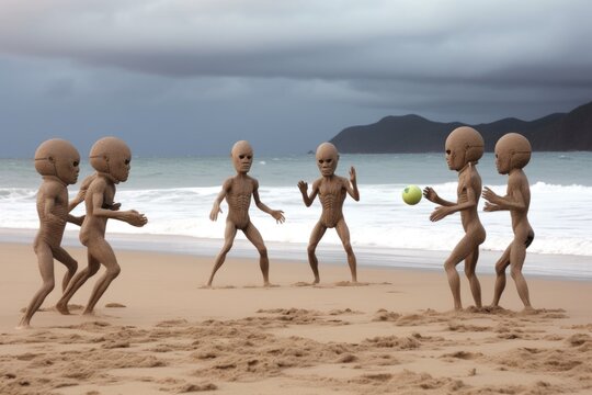 group of aliens playing volleyball on the beach, with the waves rolling in, created with generative ai