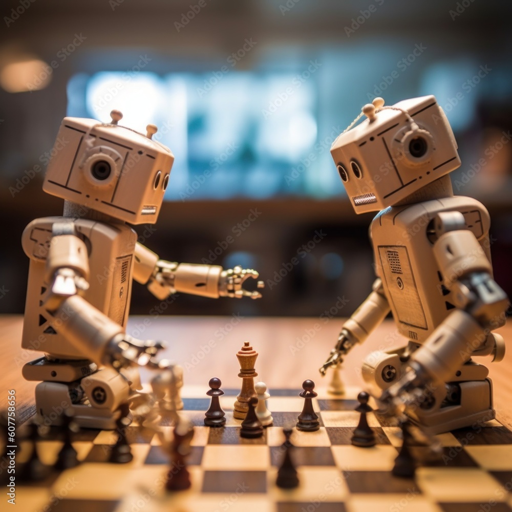 Poster two robots playing a game of chess on a table. generative ai image.