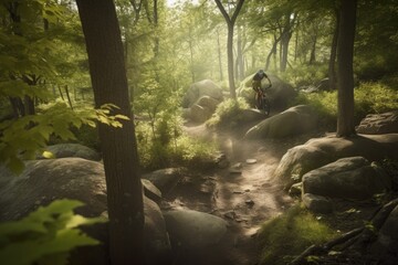 person, flying past trees and rocks on mountain bike trail, created with generative ai