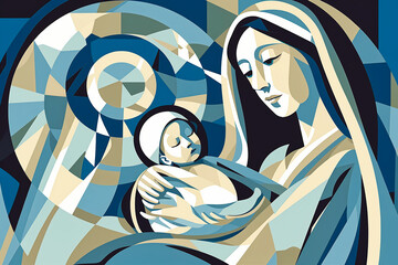  Holy Mary holding baby Jesus Christ in her arms. Graphic representation. AI generativ. - obrazy, fototapety, plakaty