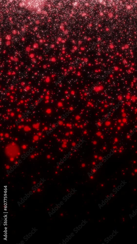 Poster vertical video animation of red moving particles on black background - abstract background.