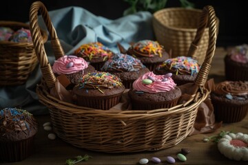 Fototapeta na wymiar basket of chocolate cupcakes with variety of frostings and sprinkles, created with generative ai
