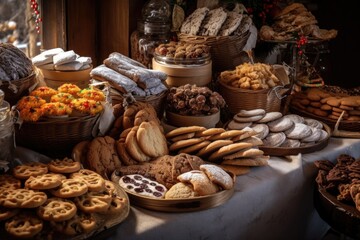 display of homemade cookies, biscotti, and other sweet treats for holiday or special occasion, created with generative ai