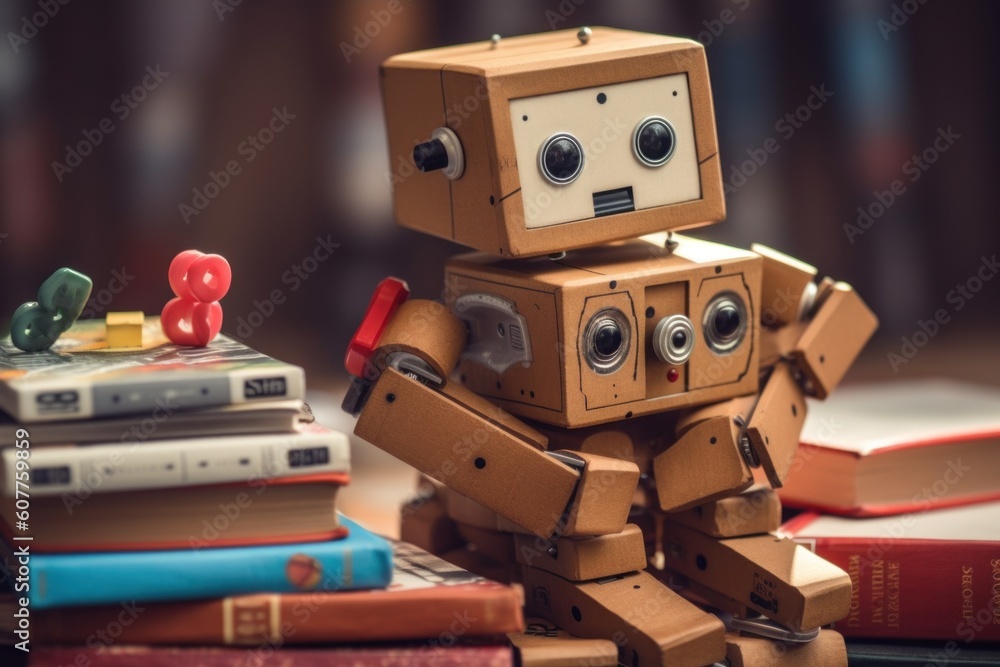 Aufkleber a toy robot sitting on top of a pile of books. generative ai image.